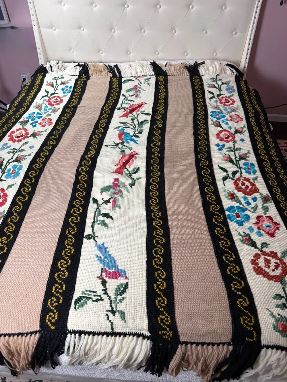 Vtg Hand Embroidered Cross Stitch Bedspread Blanket Floral Bird Cottagecore